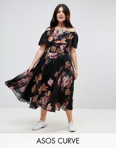 Черное приталенное платье миди со спущенными плечами и цветочным принтом ASOS CURVE - Мульти