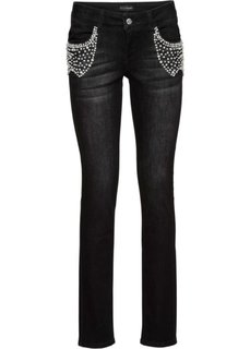 Стрейчевые джинсы с эффектом пуш-ап, украшены бусинами (черный деним) Bonprix