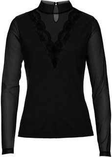 Футболка с кружевной отделкой (черный) Bonprix