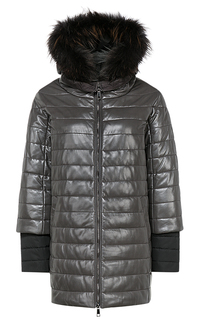Зимняя кожаная куртка с мехом енота La Reine Blanche