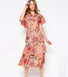 Пастельное платье миди с кейпом и цветочным принтом ASOS PETITE - Мульти