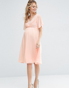 Платье миди с кружевом и складками ASOS Maternity WEDDING - Розовый