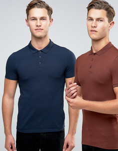 Набор из 2 обтягивающих футболок-поло (каштановая/темно-синяя) ASOS - СКИДКА - Мульти