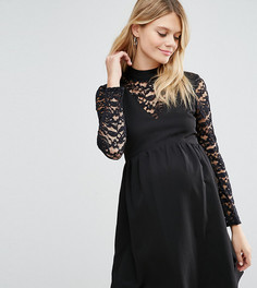 Платье для беременных с высоким воротом и кружевными вставками ASOS Maternity - Черный