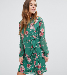 Цельнокройное платье мини с рюшами и цветочным принтом ASOS PETITE - Зеленый