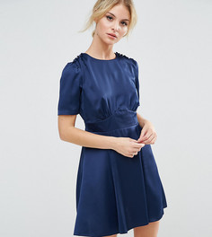 Атласное чайное платье с короткими рукавами и пуговицами ASOS PETITE - Темно-синий