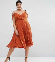 Приталенное платье миди с кружевной отделкой и плиссировкой ASOS CURVE - Оранжевый