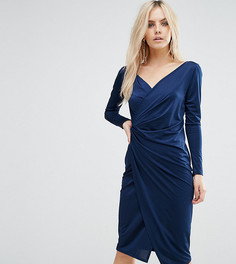 Платье-футляр с запахом и длинными рукавами ASOS PETITE - Синий