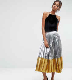 Плиссированная юбка миди цвета металлик с контрастным краем ASOS TALL - Серебряный