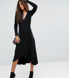Чайное платье миди с длинными рукавами и запахом ASOS TALL - Черный