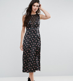 Чайное платье с цветочным принтом и кружевной вставкой ASOS TALL - Черный