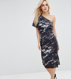 Платье миди на одно плечо с мраморным принтом ASOS PETITE - Мульти