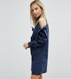 Хлопковое платье-рубашка с вырезами и завязками на плечах ASOS PETITE - Темно-синий