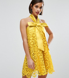 Кружевное платье-трапеция мини с бантом ASOS PETITE SALON - Желтый