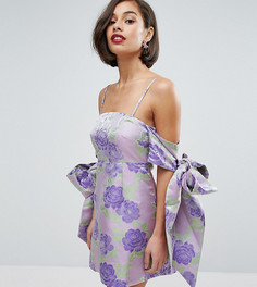 Жаккардовое платье мини с открытыми плечами и бантом-завязкой ASOS PETITE SALON - Фиолетовый