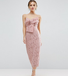 Кружевное платье-футляр миди с бантом на груди ASOS PETITE - Бежевый