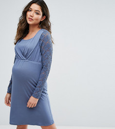 Короткое приталенное платье с кружевными рукавами Mamalicious Nursing - Синий Mama.Licious