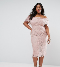 Кружевное платье-футляр миди со спущенными плечами ASOS CURVE - Розовый