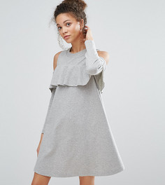 Трикотажное платье с вырезами на плечах и оборкой ASOS PETITE - Серый