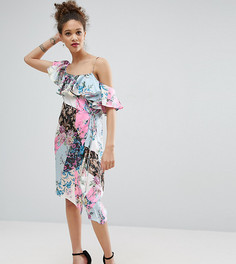 Платье на одно плечо с оборкой и цветочным принтом ASOS PETITE - Мульти