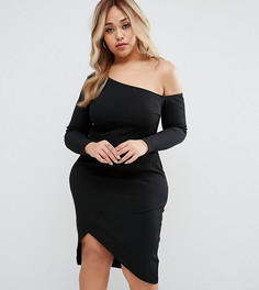 Платье миди в рубчик с открытыми плечами и длинными рукавами ASOS CURVE - Черный