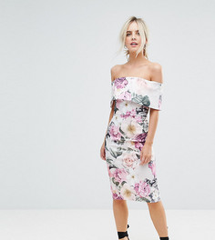 Платье миди с широким вырезом и цветочным принтом ASOS PETITE - Мульти
