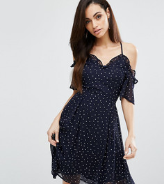 Платье в горошек с открытыми плечами и рюшами PrettyLittleThing - Темно-синий