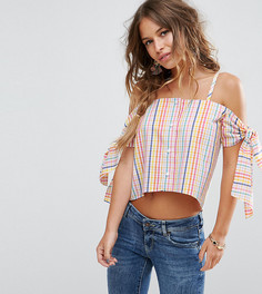Топ из жатой ткани в разноцветную клеточку с открытыми плечами ASOS PETITE - Мульти