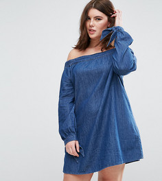 Джинсовое платье с открытыми плечами и завязками на рукавах ASOS CURVE - Синий