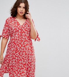 Платье миди с запахом и красным цветочным принтом ASOS CURVE - Мульти