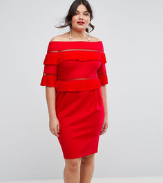 Платье с открытыми плечами, складками и оборками ASOS CURVE - Красный