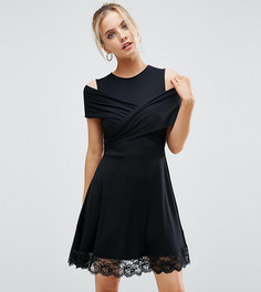Платье мини с запахом спереди и кружевом по краю ASOS PETITE - Черный