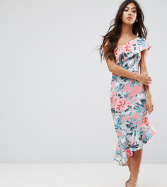 Платье миди на одно плечо с цветочным принтом и воланами ASOS PETITE - Мульти
