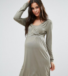 Приталенное платье для кормящих мам с запахом и ажурными вставками Mamalicious - Светло-серый Mama.Licious