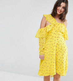 Чайное платье с мелким цветочным принтом, открытыми плечами и оборками ASOS PETITE - Желтый
