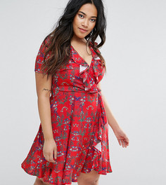 Чайное платье с цветочным принтом и оборками Club L Plus - Красный