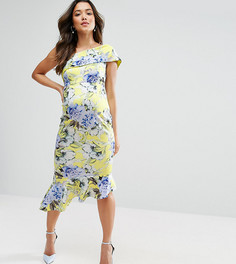 Платье миди на одно плечо с принтом и баской ASOS Maternity - Желтый