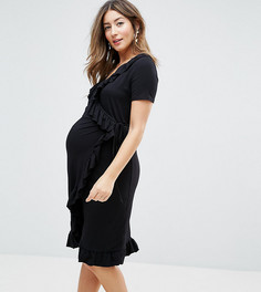 Чайное платье миди с запахом и оборками ASOS Maternity - Черный