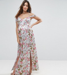 Атласное платье с цветочным принтом и открытыми плечами ASOS Maternity - Мульти