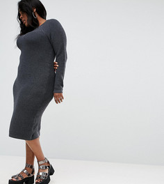 Платье миди крупной вязки со вставками в рубчик ASOS CURVE - Серый