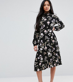 Платье миди с длинными рукавами и цветочным принтом New Look Petite - Черный