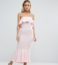 Платье миди с лифом-бандо и оборками ASOS PETITE - Розовый