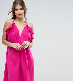 Платье с глубоким вырезом, рюшами и завязкой на шее Boohoo - Розовый