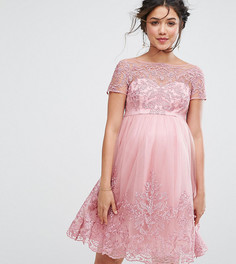 Платье-премиум для выпускного с вышивкой и юбкой из тюля Chi Chi London Maternity - Розовый