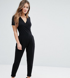 Трикотажный комбинезон с запахом и короткими рукавами ASOS PETITE - Черный