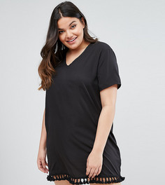 Платье-футболка с V-образным вырезом и помпонами Boohoo Plus - Черный