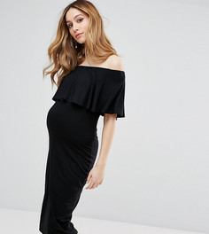 Платье-футляр миди с вырезом лодочкой и оборкой ASOS Maternity - Черный