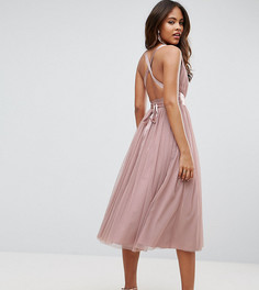 Платье миди для выпускного з тюля с лентой на завязке ASOS TALL - Розовый