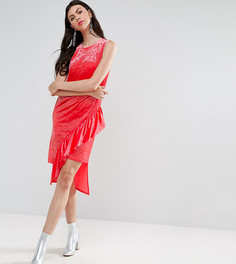 Асимметричное бархатное платье миди с оборкой ASOS TALL - Розовый