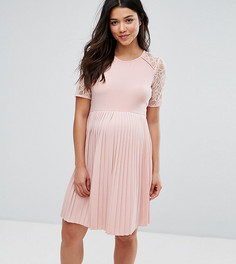 Платье мини для беременных с плиссировкой и кружевом ASOS Maternity - Розовый